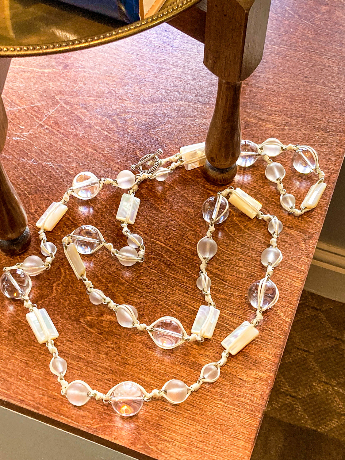 Stephen Dweck Crystal Frosted Glass MOP Sterling Silver Toggle Wrap Necklace