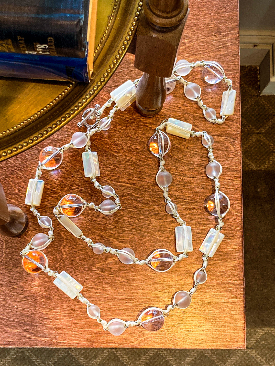 Stephen Dweck Crystal Frosted Glass MOP Sterling Silver Toggle Wrap Necklace