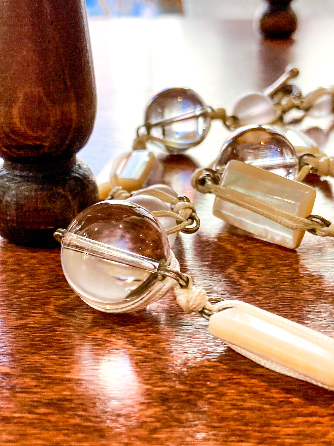 Stephen Dweck Crystal Frosted Glass MOP Sterling Silver Toggle Wrap Necklace
