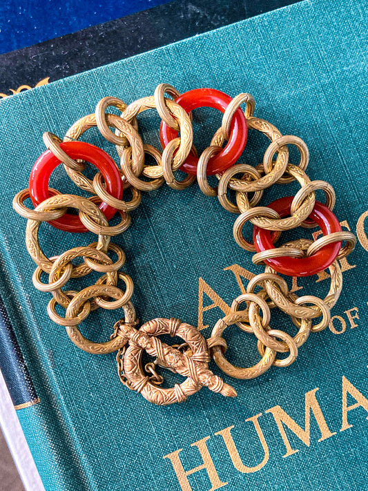 Vintage Gold Toned Circular Rust Red Lucite Stone Chain Link Bracelet Stephen Dweck