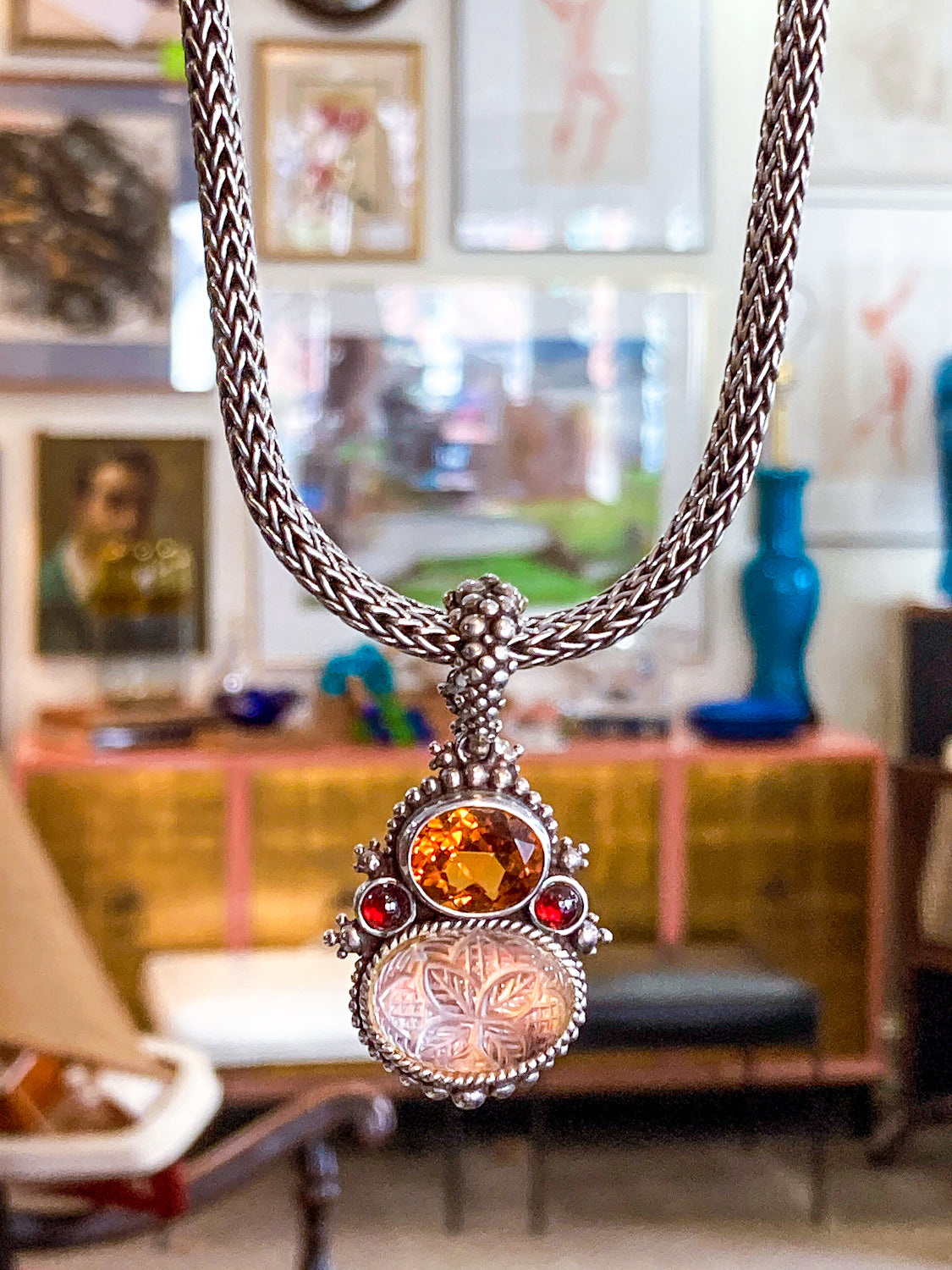 Vintage Stephen Dweck Sterling Silver 18K Gold Carved Quartz Pendant Necklace Signed