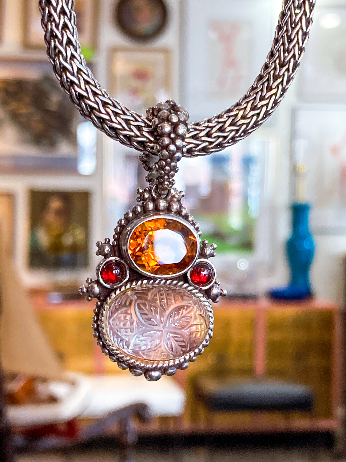 Vintage Stephen Dweck Sterling Silver 18K Gold Carved Quartz Pendant Necklace Signed