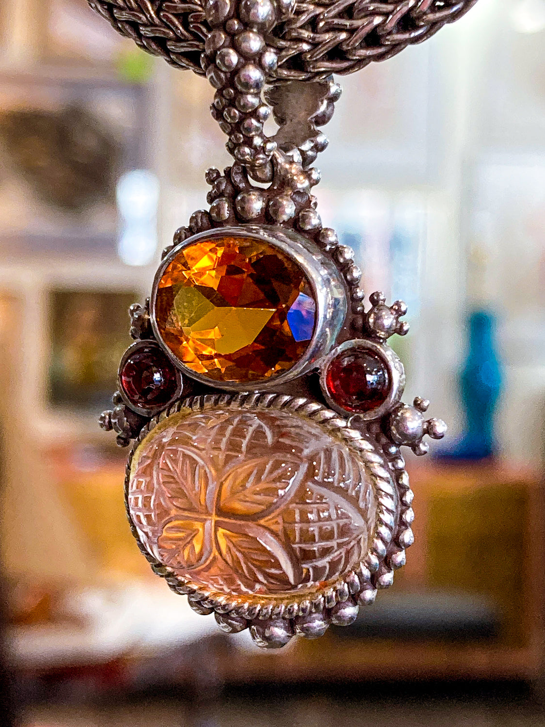 Vintage Stephen Dweck Sterling Silver 18K Gold Carved Quartz Pendant Necklace Signed