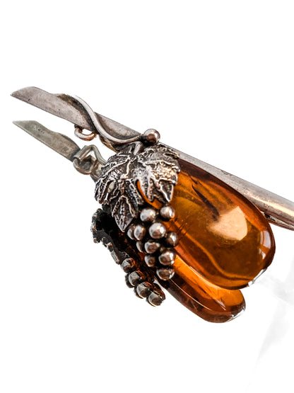 Vintage Sterling Silver Amber Drop Grapes Leaves Brooch Bar Pin