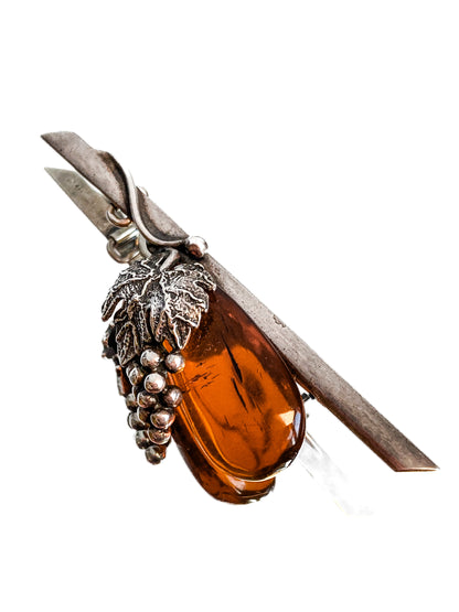 Vintage Sterling Silver Amber Drop Grapes Leaves Brooch Bar Pin