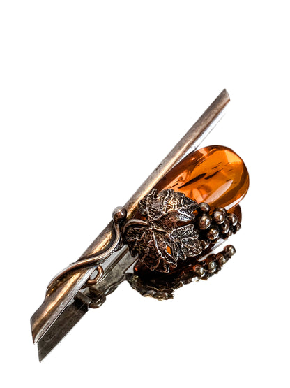Vintage Sterling Silver Amber Drop Grapes Leaves Brooch Bar Pin