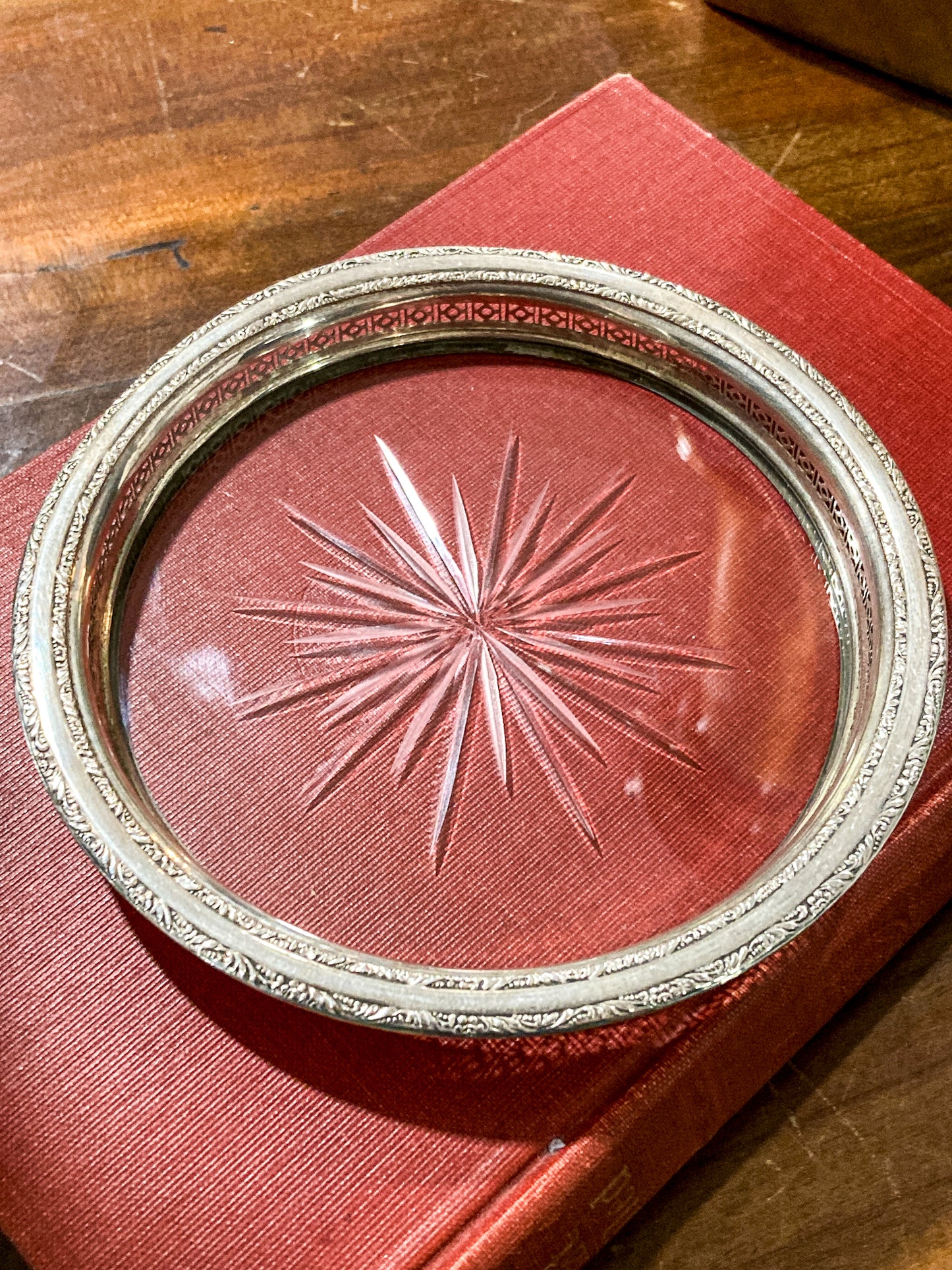 Vintage Sterling Silver Collar Starburst Cut Glass Wine Bottle Coaster