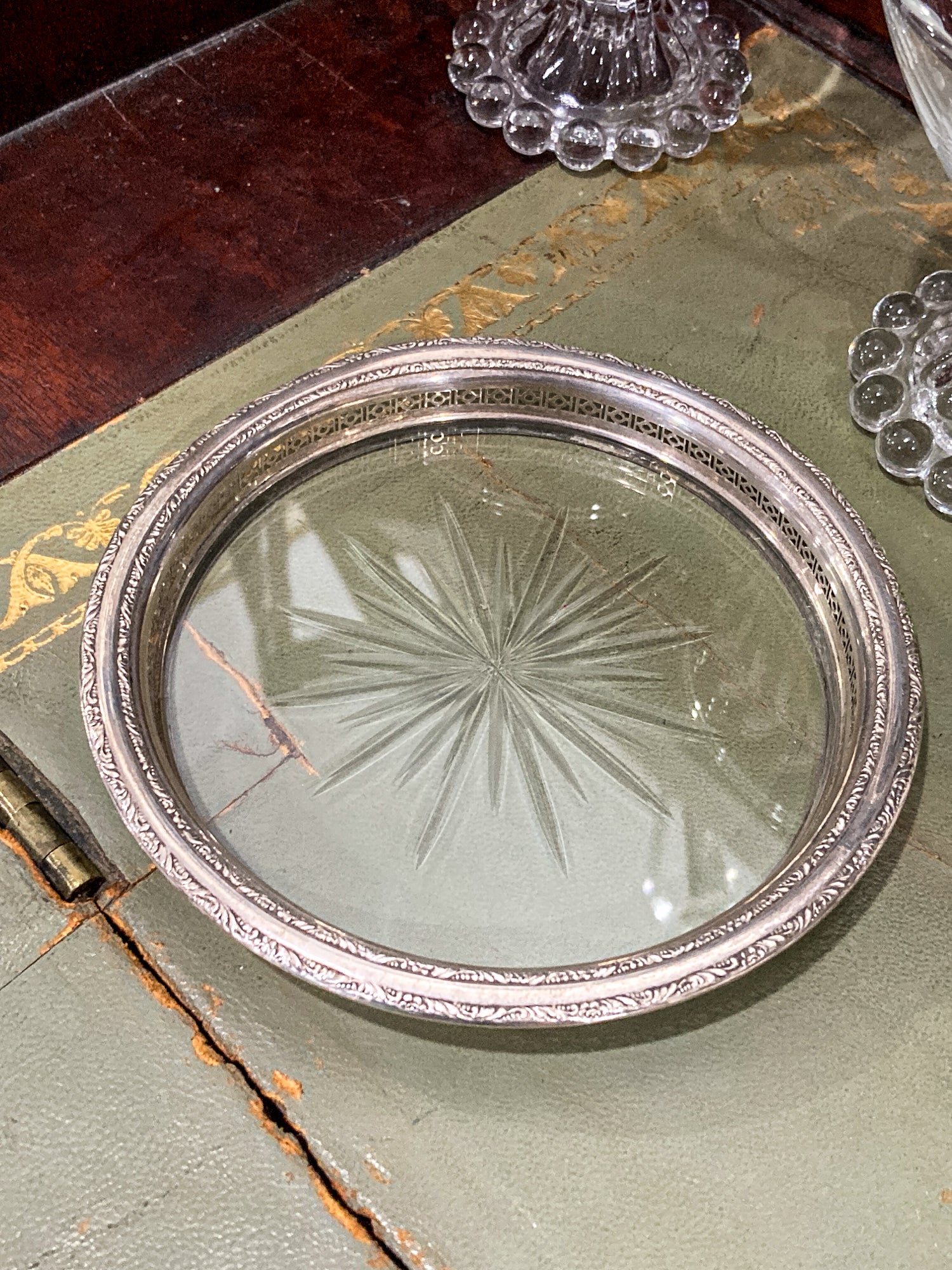 Vintage Sterling Silver Collar Starburst Cut Glass Wine Bottle Coaster