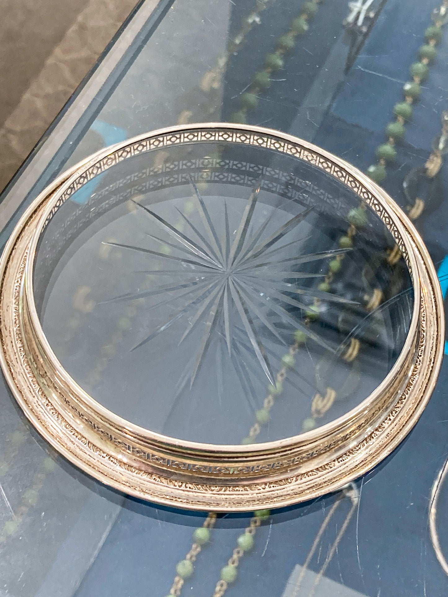 Vintage Sterling Silver Collar Starburst Cut Glass Wine Bottle Coaster