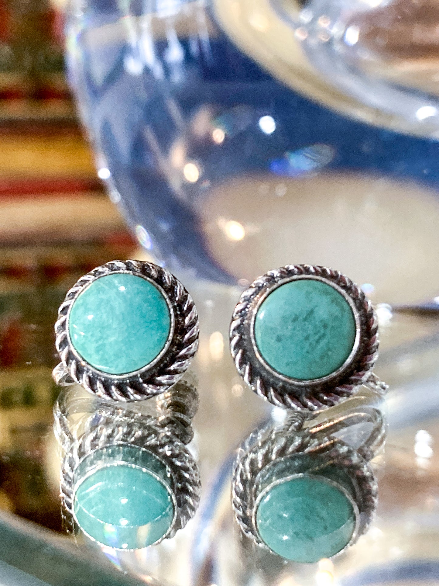 Vintage Sterling Silver Faux Turquoise Circle Screwback Stud Style Earrings