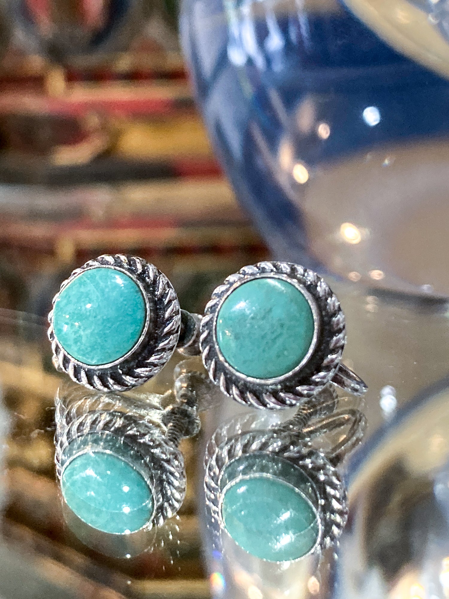 Vintage Sterling Silver Faux Turquoise Circle Screwback Stud Style Earrings
