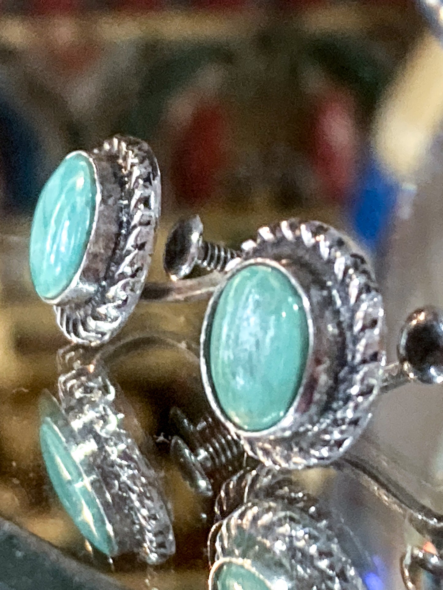 Vintage Sterling Silver Faux Turquoise Circle Screwback Stud Style Earrings
