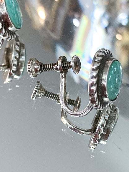 Vintage Sterling Silver Faux Turquoise Circle Screwback Stud Style Earrings