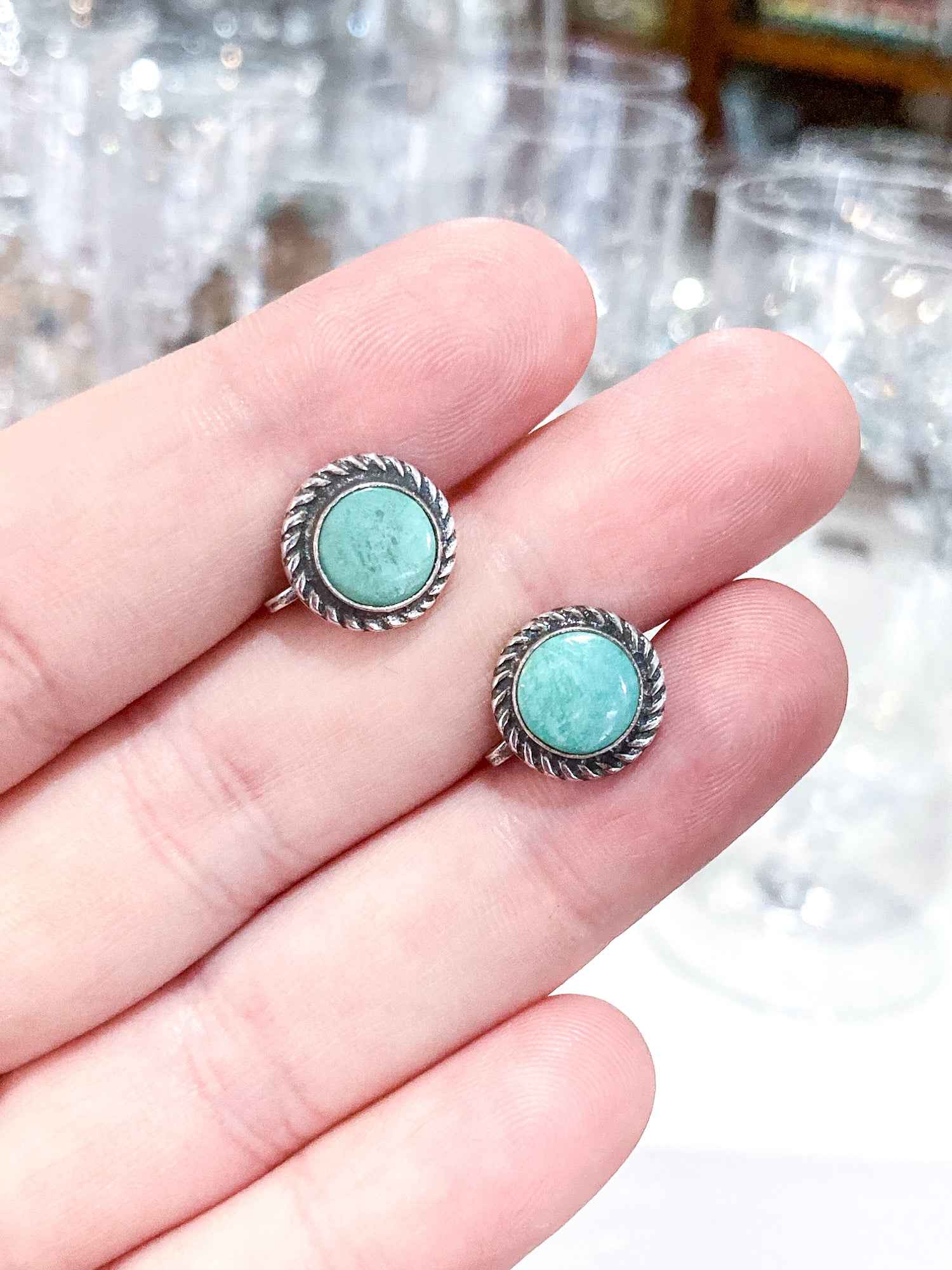 Vintage Sterling Silver Faux Turquoise Circle Screwback Stud Style Earrings