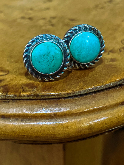 Vintage Sterling Silver Faux Turquoise Circle Screwback Stud Style Earrings