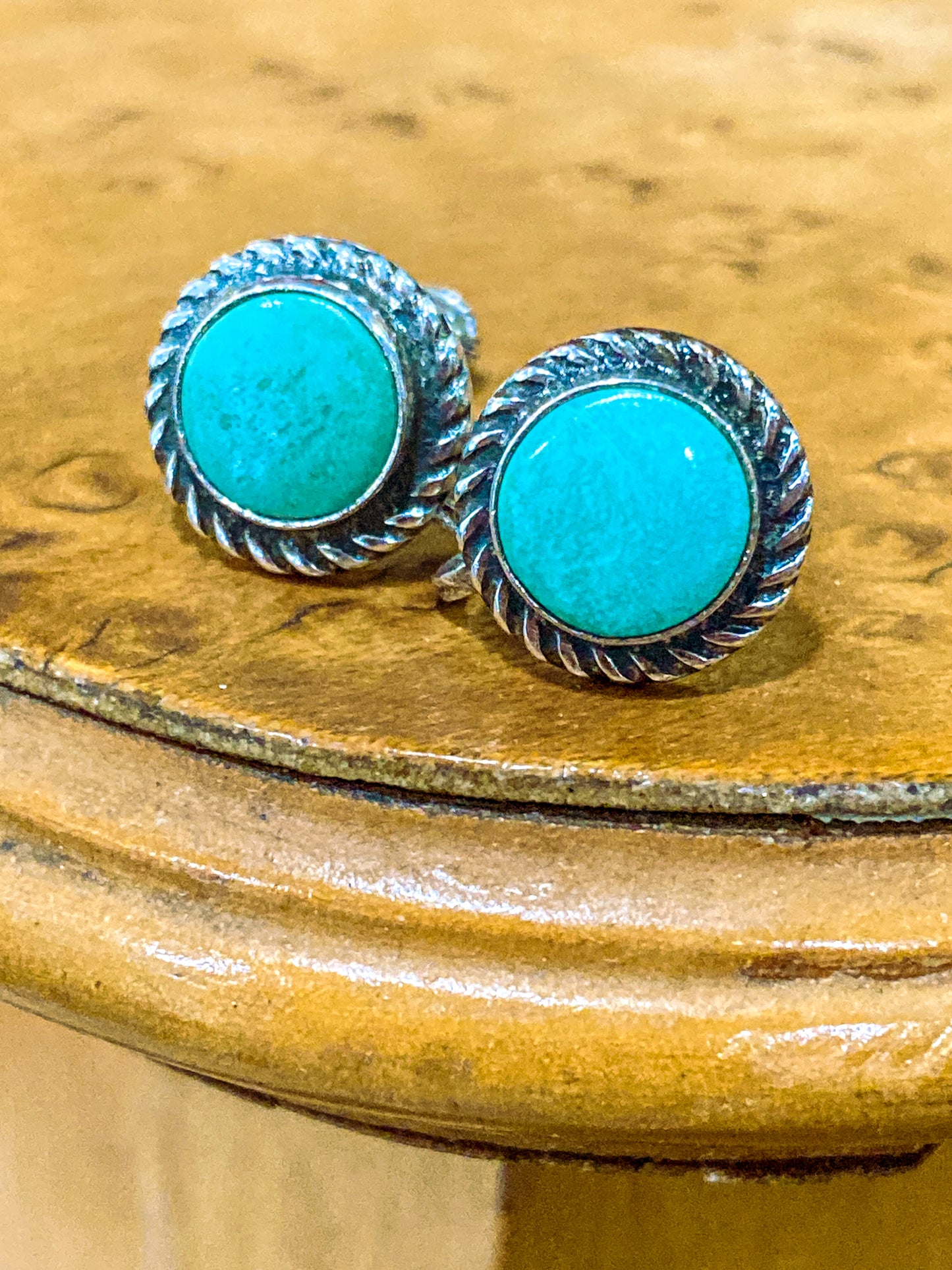 Vintage Sterling Silver Faux Turquoise Circle Screwback Stud Style Earrings