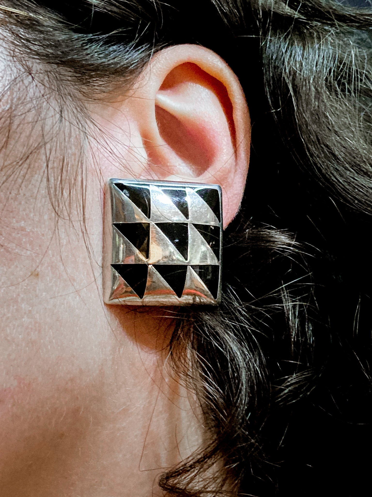 Vintage Abstract Contrast Black Sterling Silver Clip On Statement Earrings