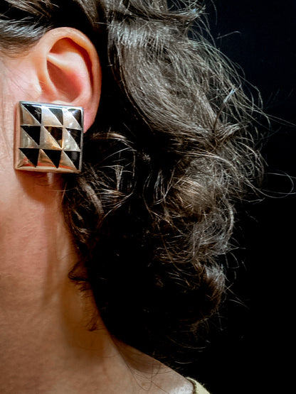 Vintage Abstract Contrast Black Sterling Silver Clip On Statement Earrings