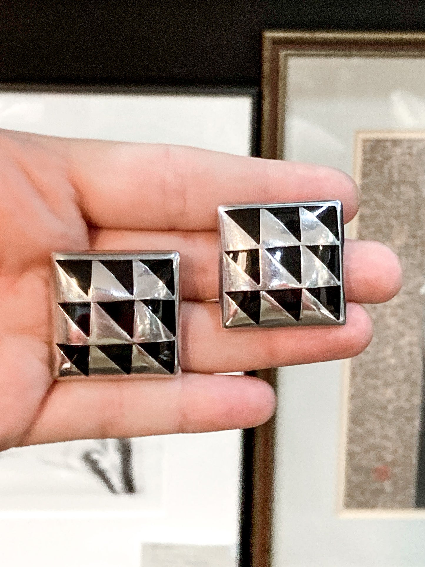 Vintage Abstract Contrast Black Sterling Silver Clip On Statement Earrings