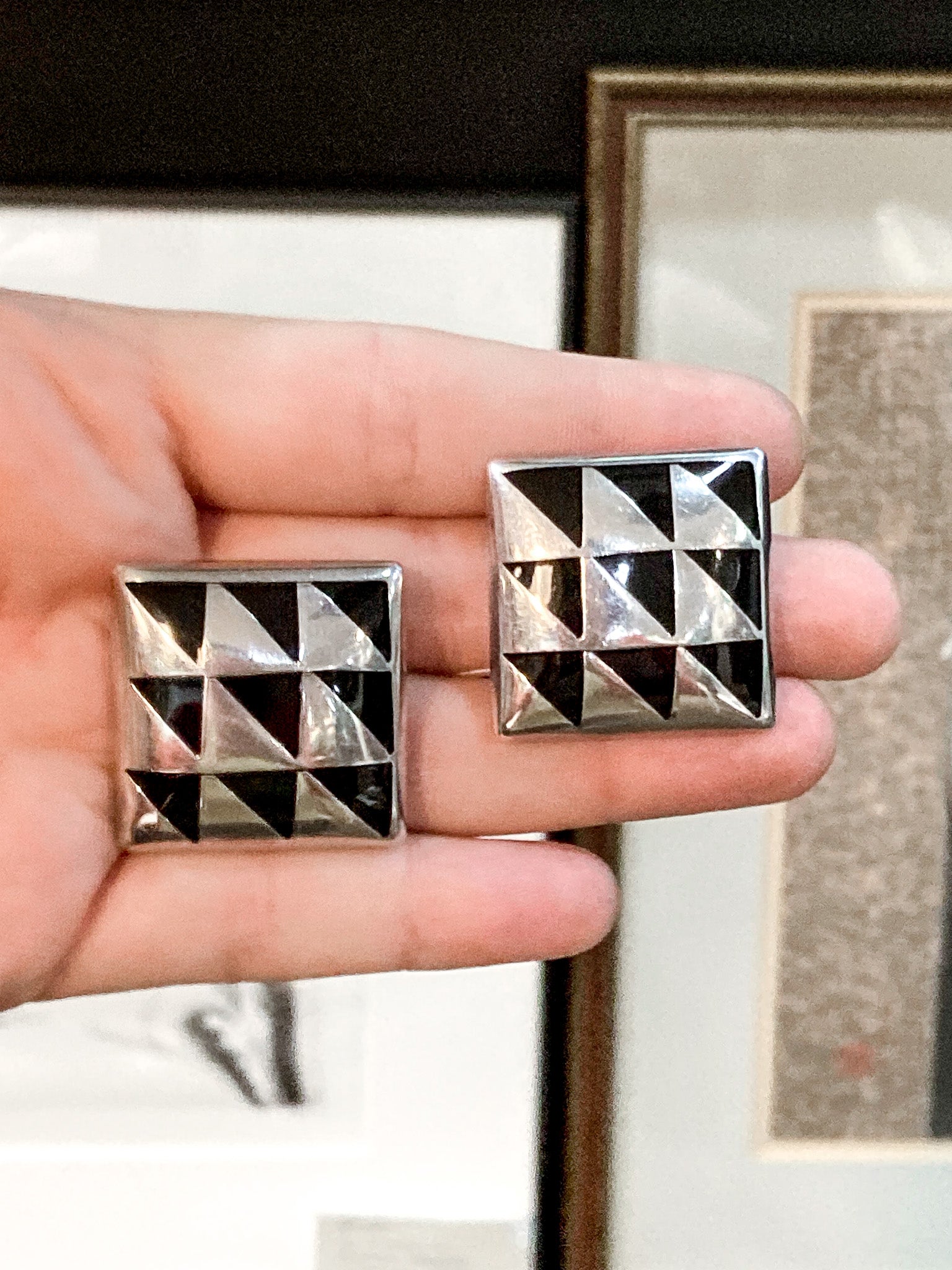 Vintage Abstract Contrast Black Sterling Silver Clip On Statement Earrings