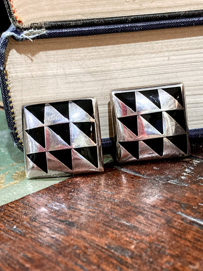Vintage Abstract Contrast Black Sterling Silver Clip On Statement Earrings