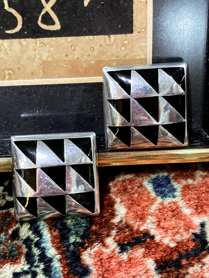 Vintage Abstract Contrast Black Sterling Silver Clip On Statement Earrings