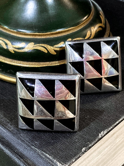 Vintage Abstract Contrast Black Sterling Silver Clip On Statement Earrings