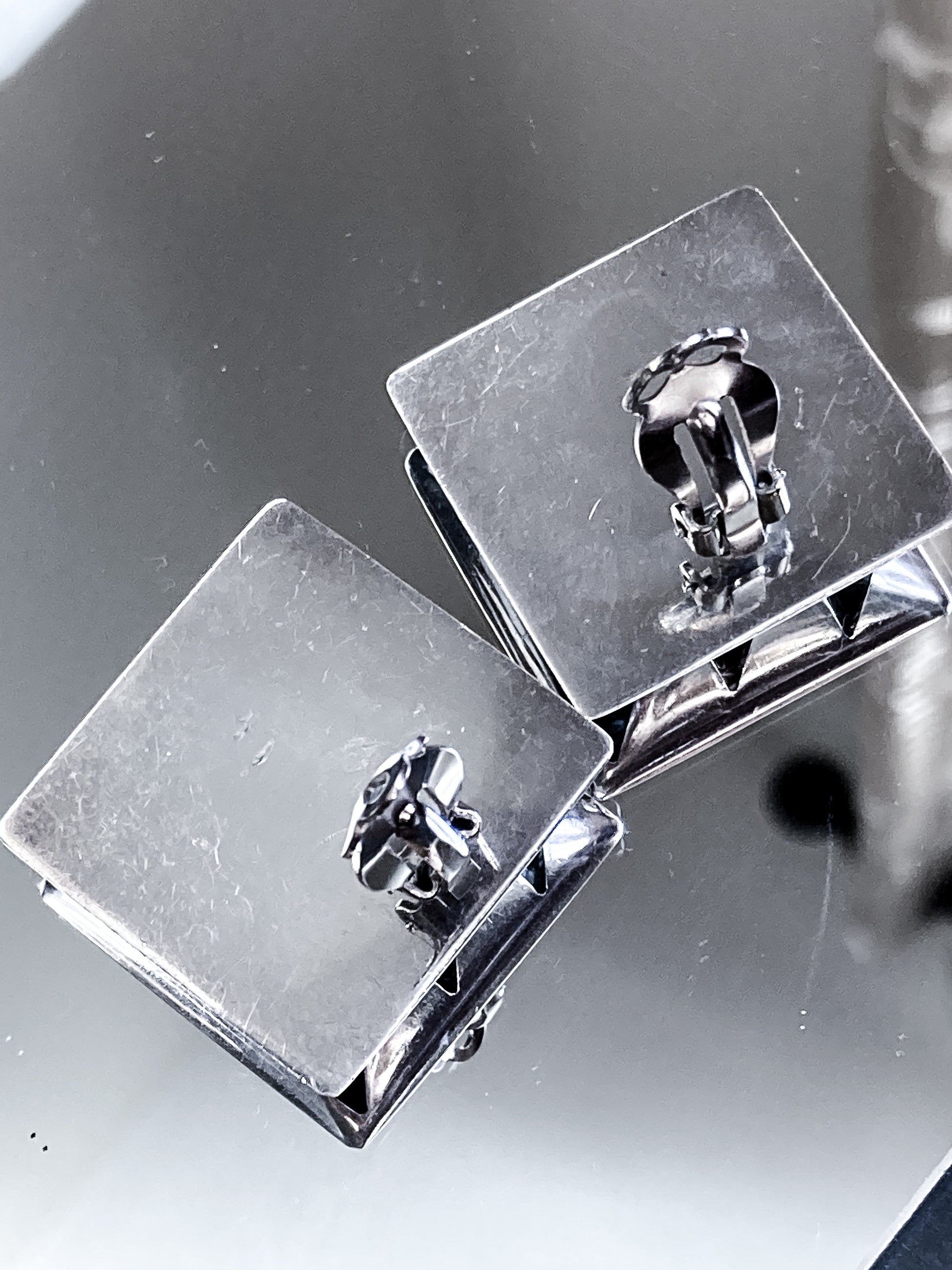 Vintage Abstract Contrast Black Sterling Silver Clip On Statement Earrings