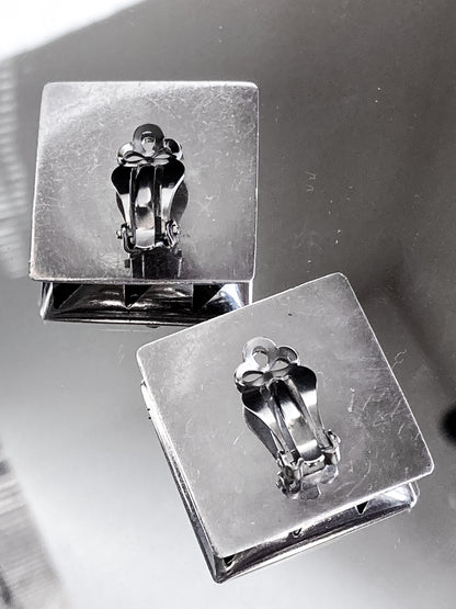 Vintage Abstract Contrast Black Sterling Silver Clip On Statement Earrings