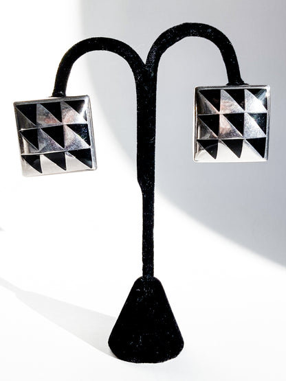 Vintage Abstract Contrast Black Sterling Silver Clip On Statement Earrings