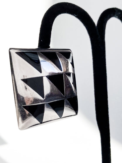 Vintage Abstract Contrast Black Sterling Silver Clip On Statement Earrings