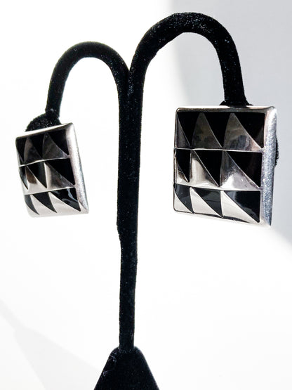 Vintage Abstract Contrast Black Sterling Silver Clip On Statement Earrings