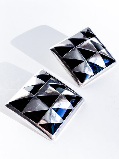 Vintage Abstract Contrast Black Sterling Silver Clip On Statement Earrings