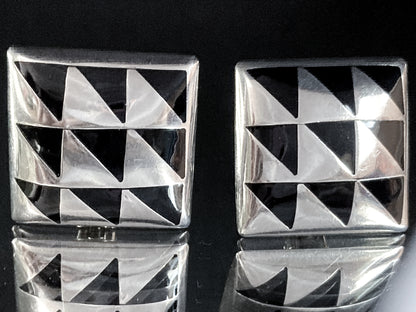 Vintage Abstract Contrast Black Sterling Silver Clip On Statement Earrings