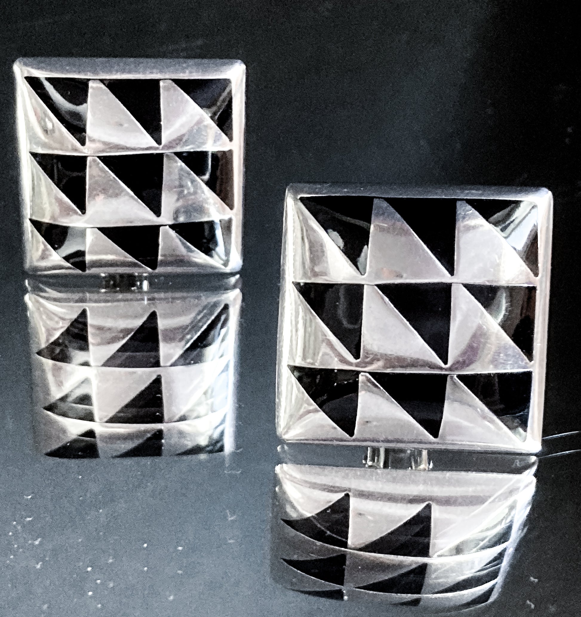 Vintage Abstract Contrast Black Sterling Silver Clip On Statement Earrings