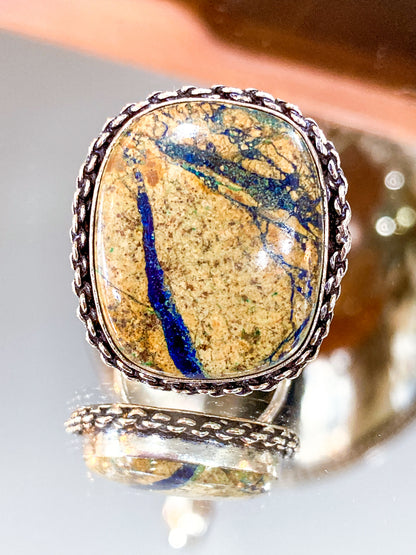 Vintage Sterling Silver Polished Jasper Square Natural Stone Ring