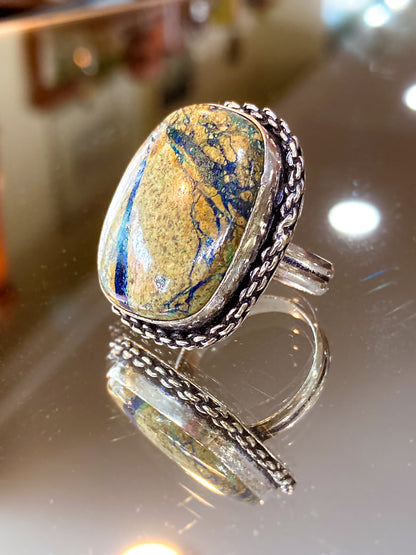 Vintage Sterling Silver Polished Jasper Square Natural Stone Ring