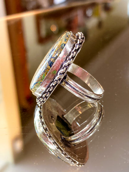 Vintage Sterling Silver Polished Jasper Square Natural Stone Ring