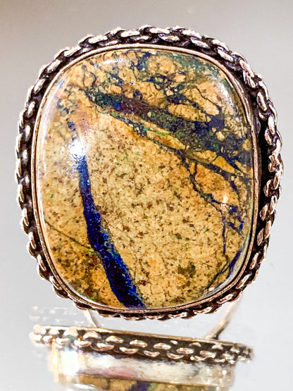 Vintage Sterling Silver Polished Jasper Square Natural Stone Ring