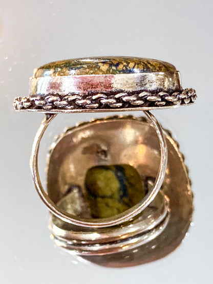 Vintage Sterling Silver Polished Jasper Square Natural Stone Ring