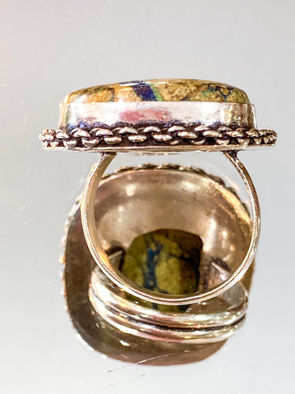 Vintage Sterling Silver Polished Jasper Square Natural Stone Ring