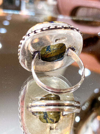 Vintage Sterling Silver Polished Jasper Square Natural Stone Ring