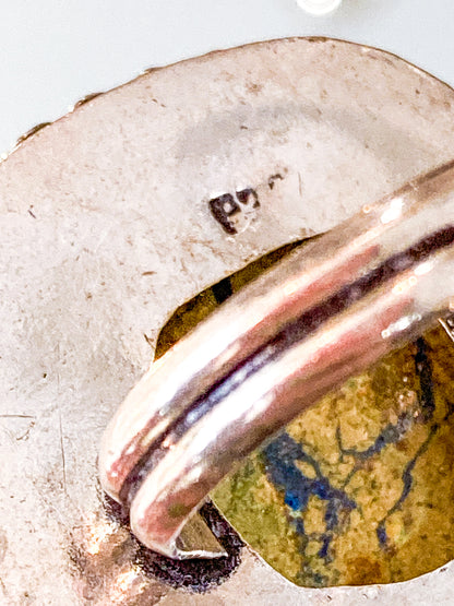 Vintage Sterling Silver Polished Jasper Square Natural Stone Ring