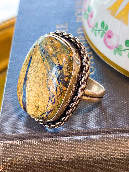 Vintage Sterling Silver Polished Jasper Square Natural Stone Ring