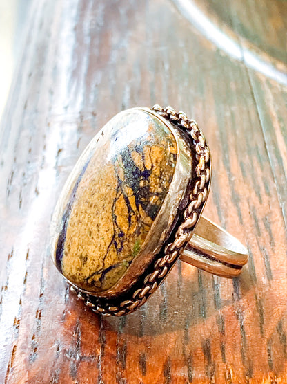 Vintage Sterling Silver Polished Jasper Square Natural Stone Ring