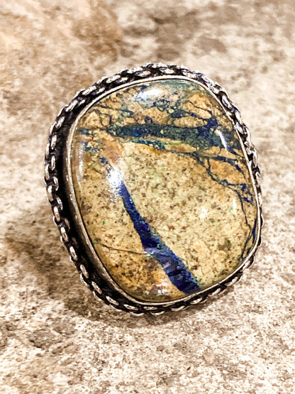 Vintage Sterling Silver Polished Jasper Square Natural Stone Ring