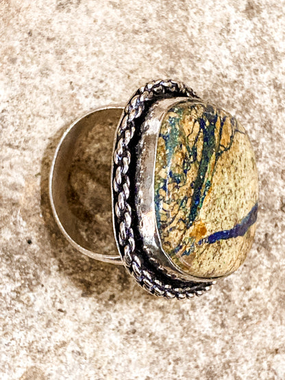 Vintage Sterling Silver Polished Jasper Square Natural Stone Ring