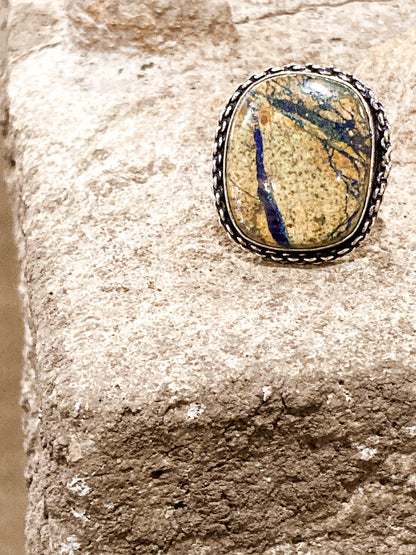 Vintage Sterling Silver Polished Jasper Square Natural Stone Ring