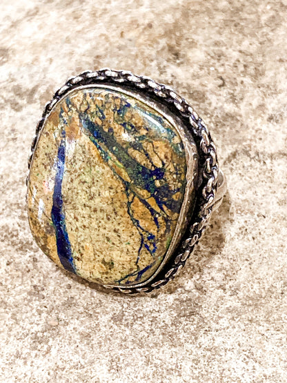 Vintage Sterling Silver Polished Jasper Square Natural Stone Ring