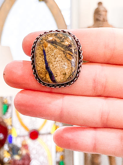 Vintage Sterling Silver Polished Jasper Square Natural Stone Ring